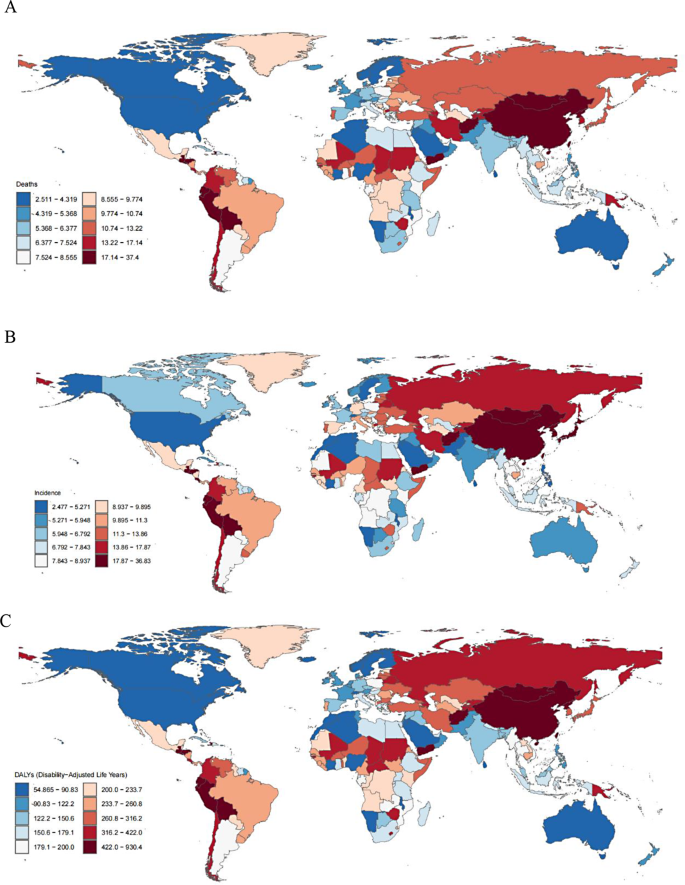 2021年全球胃癌年龄标准化率地理分布