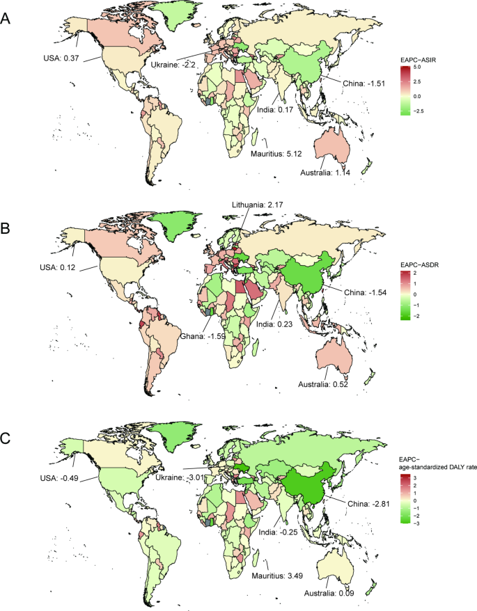 1990-2021年全球AML发病率年度变化率分布