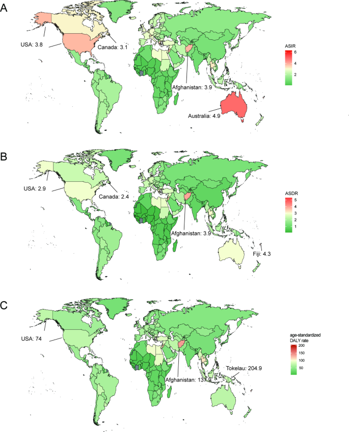 2021年全球204个国家AML年龄标准化发病率分布