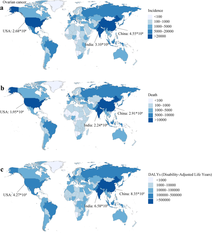 2019年204个国家/地区卵巢癌发病率、死亡率、DALY的分布