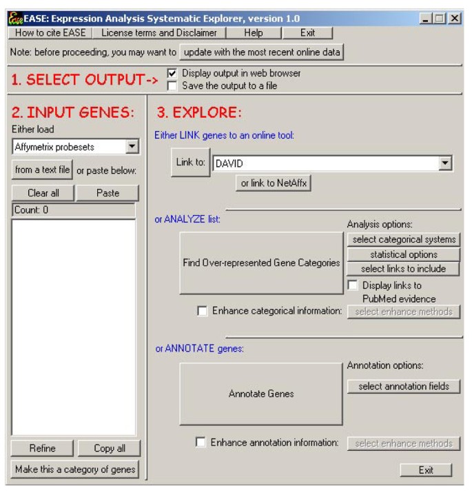 EASE用户界面，支持基因输入、在线工具链接、过表达分析及注释数据更新