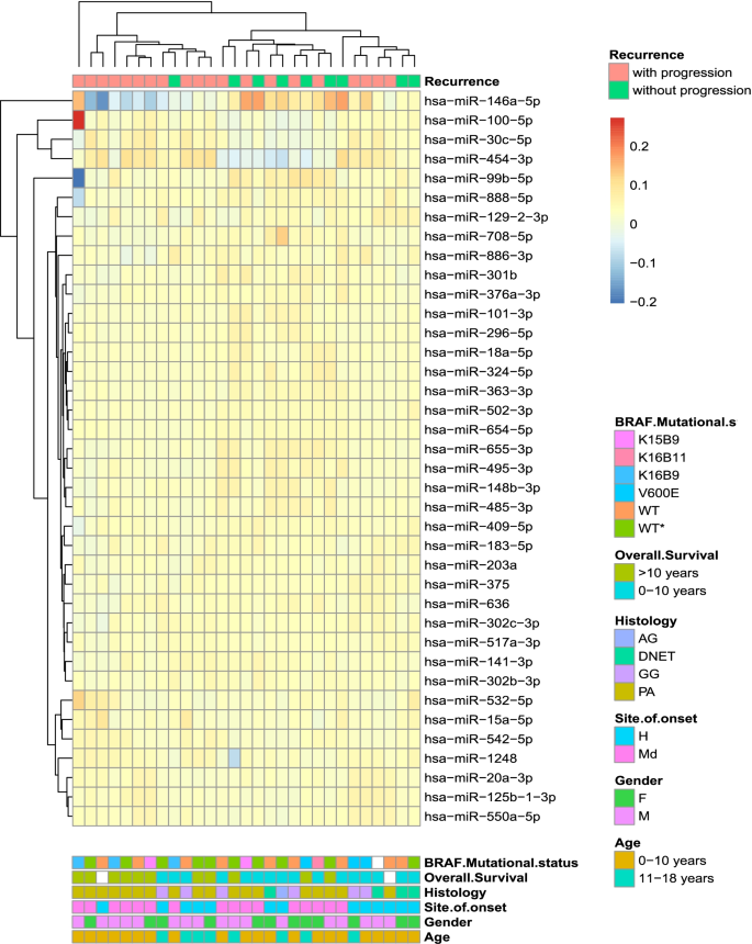 图1 队列I中进展与非进展pLGGs的差异微小核糖核酸层次聚类分析