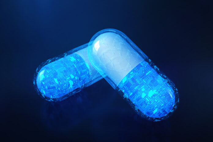 带电路与网络的透明智能药丸,为数字医疗AI概念图