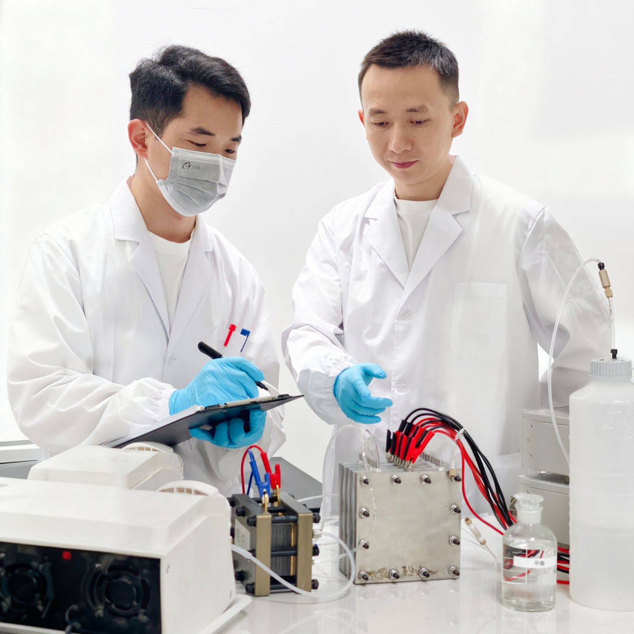 论文通讯作者夏川（右）与团队探讨实验细节。研究团队供图